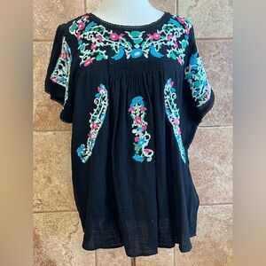 Entro Black Cotton Peasant Top with Embroidery & Smocking XL